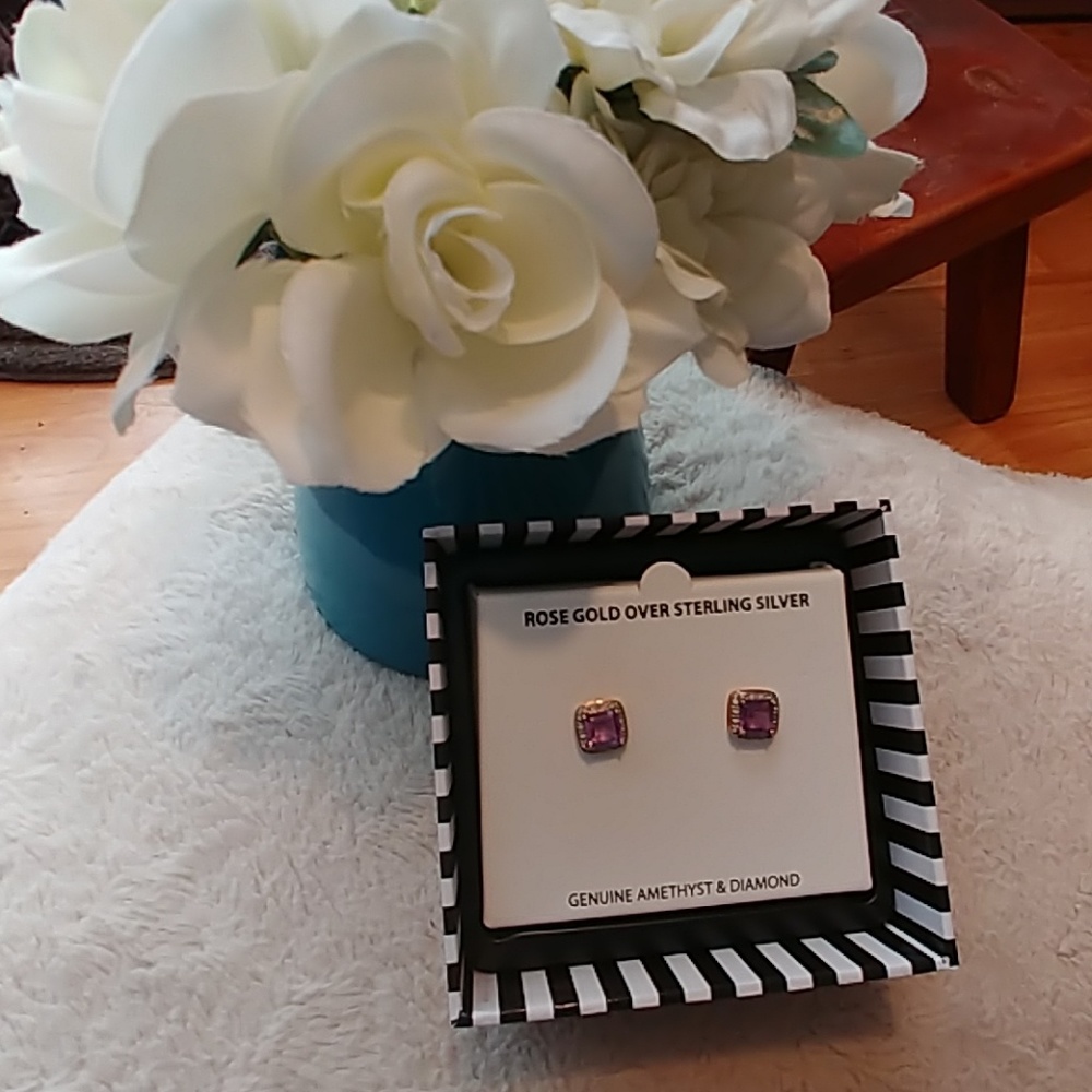 NWT - Amethyst & Diamond rose gold studs